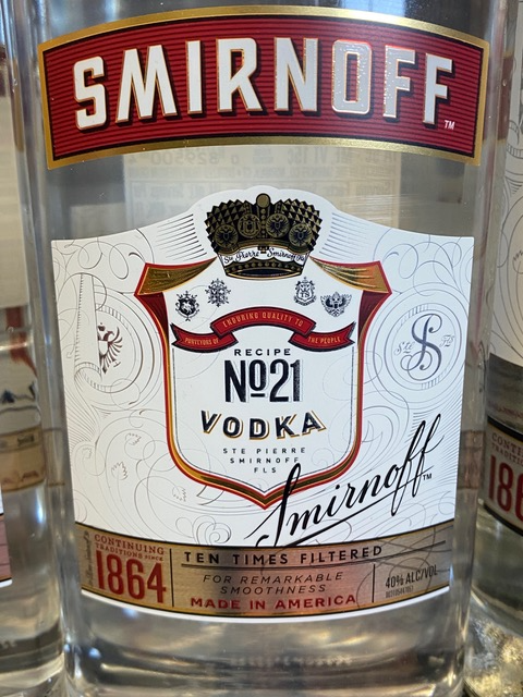 A bottle of smirnoff no 21 vodka made in america