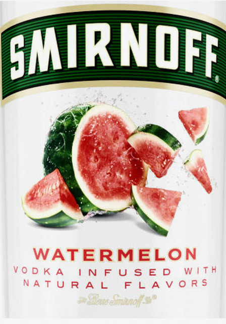 A bottle of smirnoff watermelon vodka infused with natural flavors