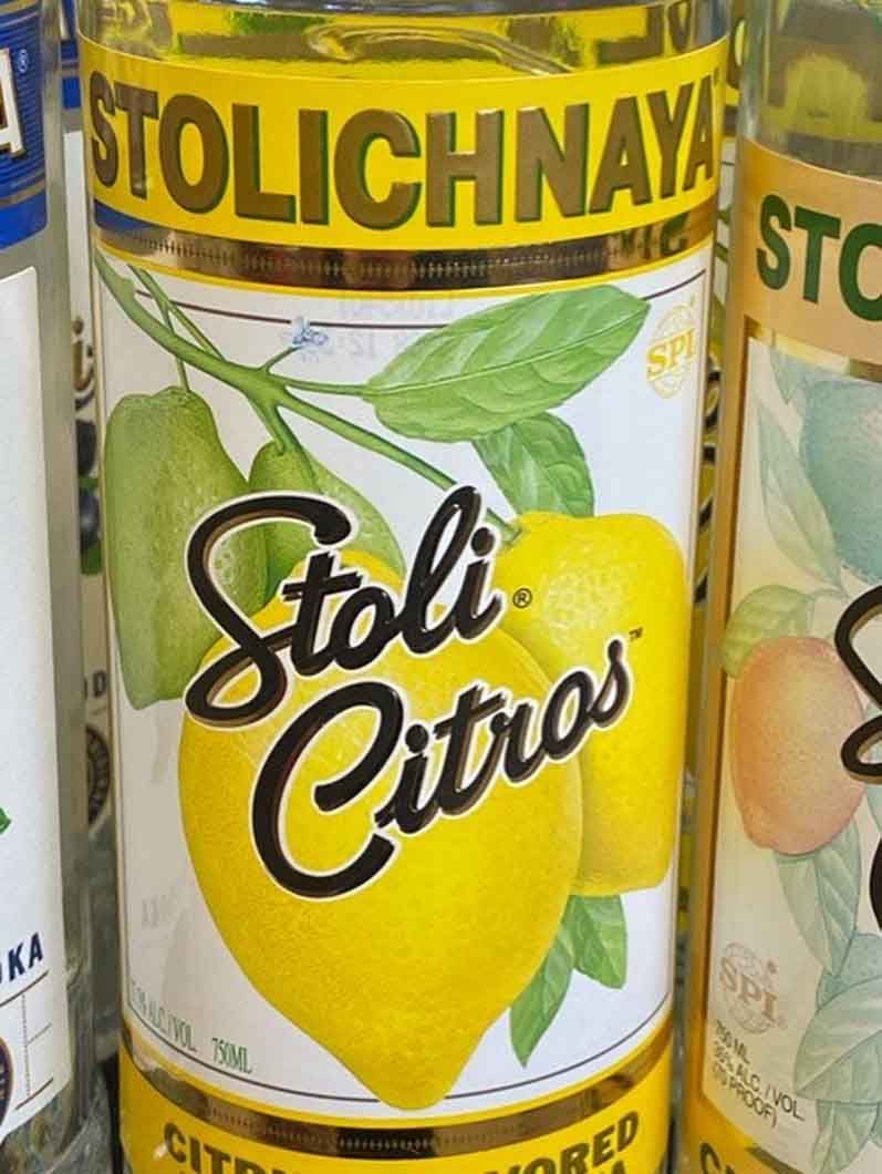 A bottle of stolichnaya citrus flavored vodka