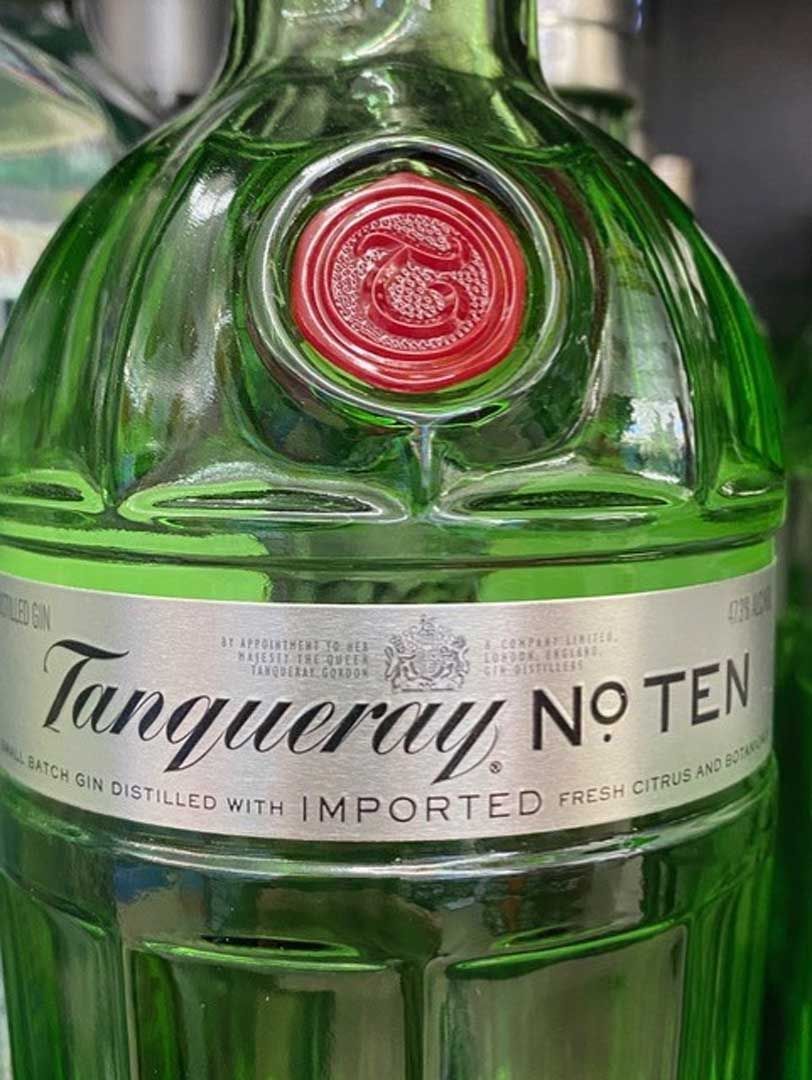 A close up of a bottle of tanqueray no ten gin.