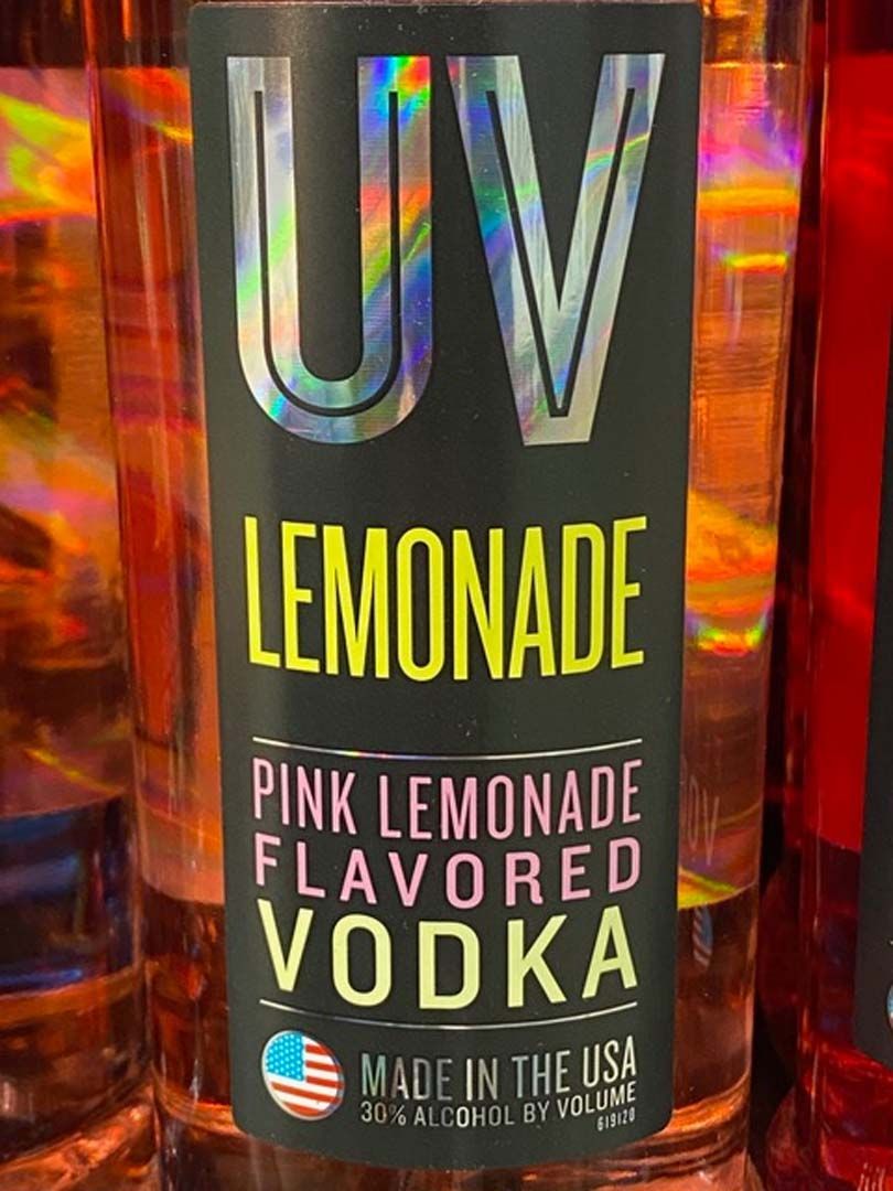 A bottle of uv lemonade flavored vodka made in the usa