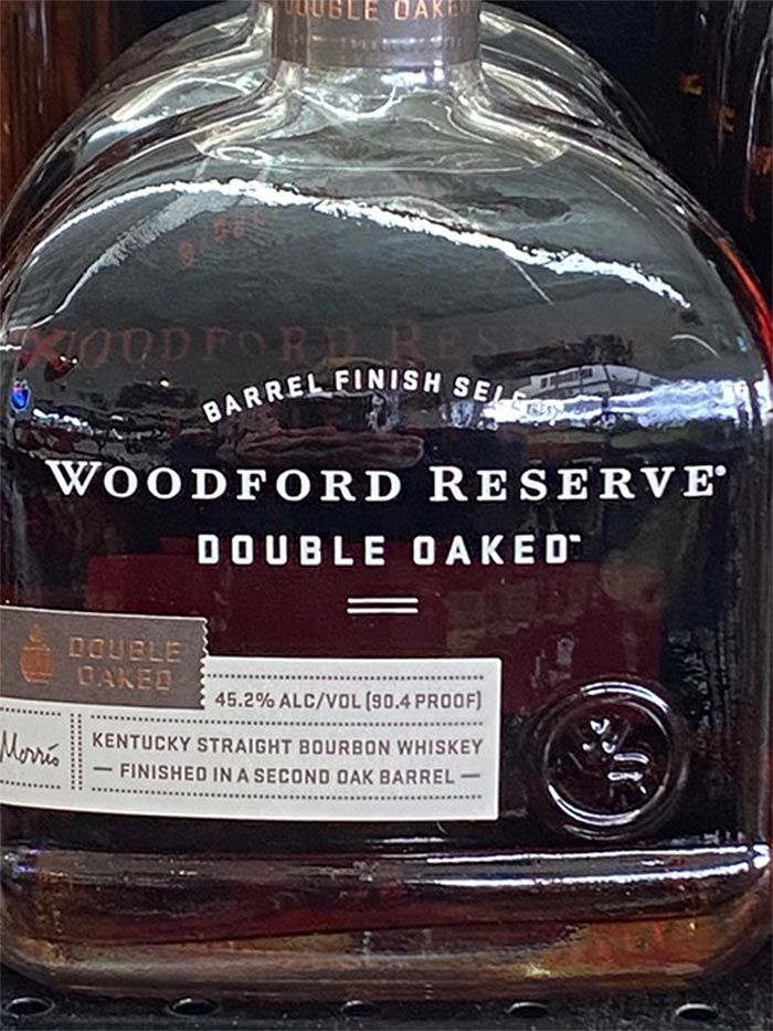 A bottle of woodford reserve double oaked bourbon whiskey