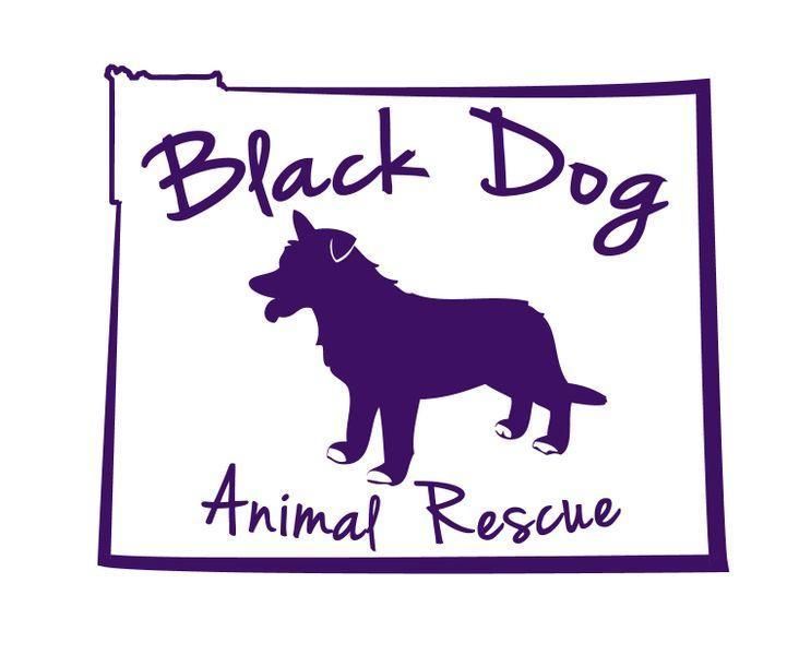 A logo for black dog animal rescue with a silhouette of a dog