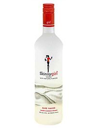 A bottle of skinny girl vodka with a red cap on a white background.