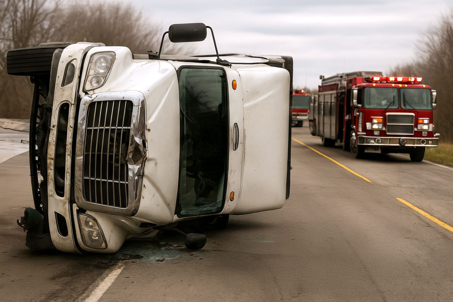 Overturned white truck on a road with a fire engine approaching in the background