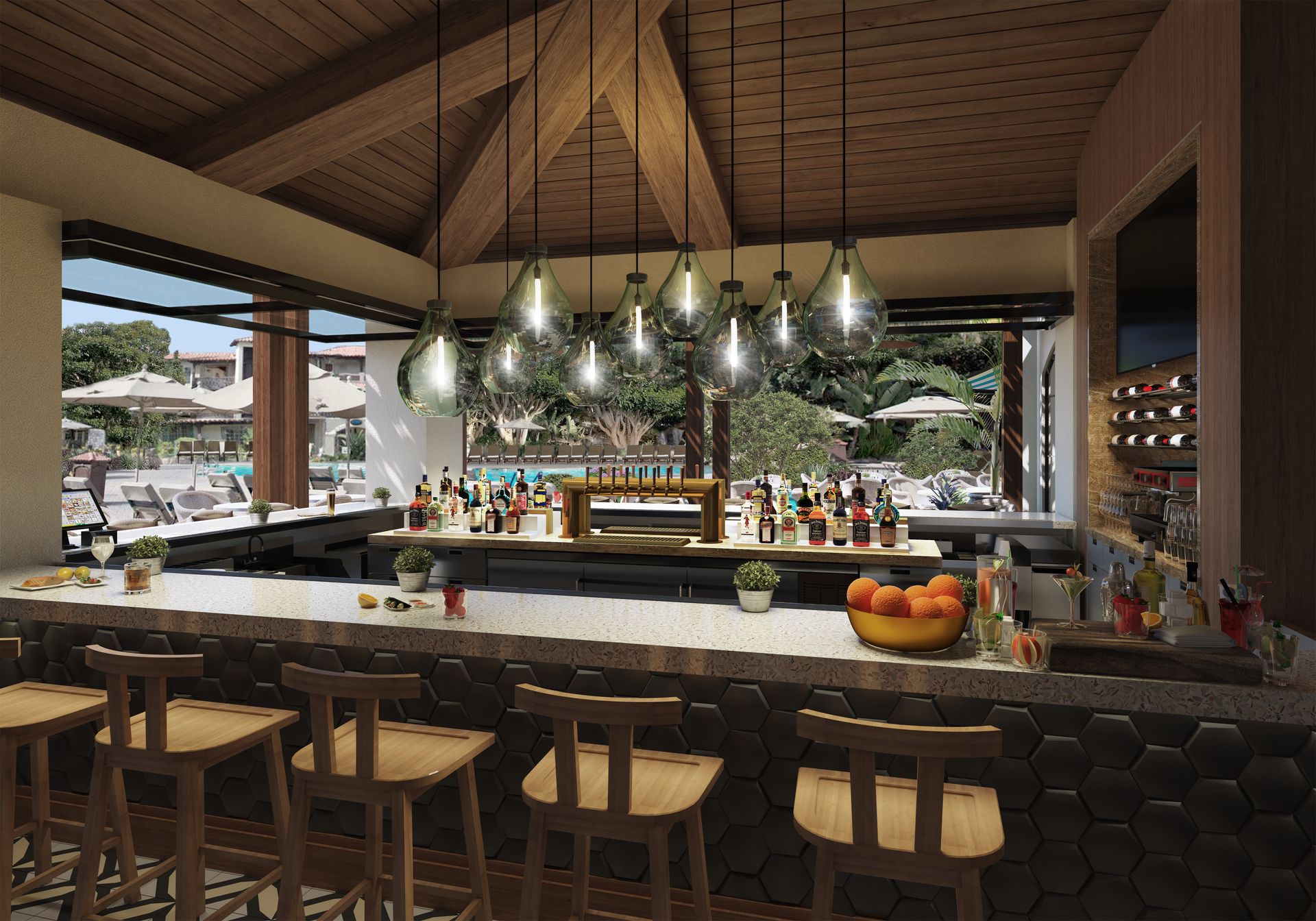 An artist 's impression of a bar with a long counter and stools.