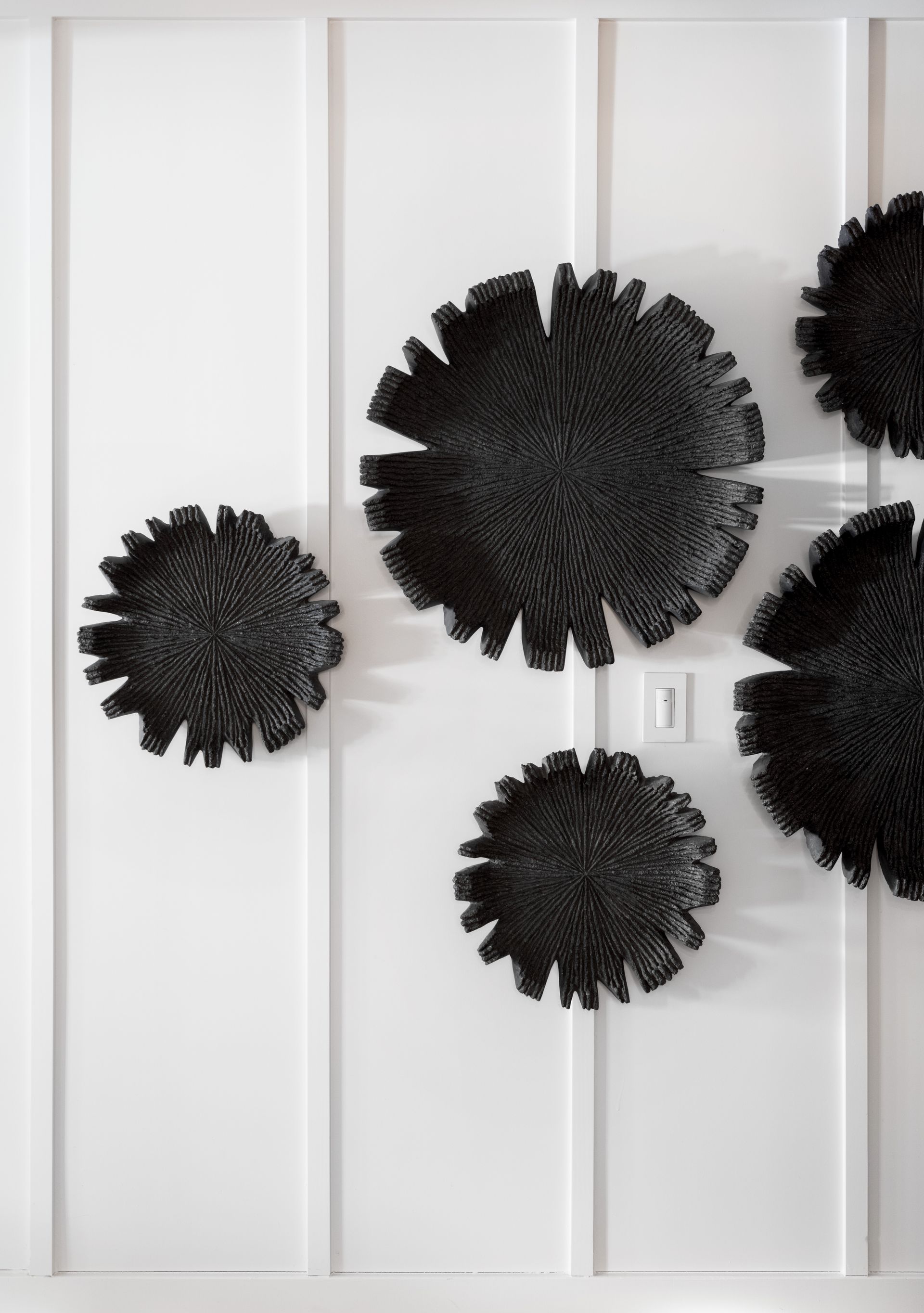 A group of black flowers are hanging on a white wall.