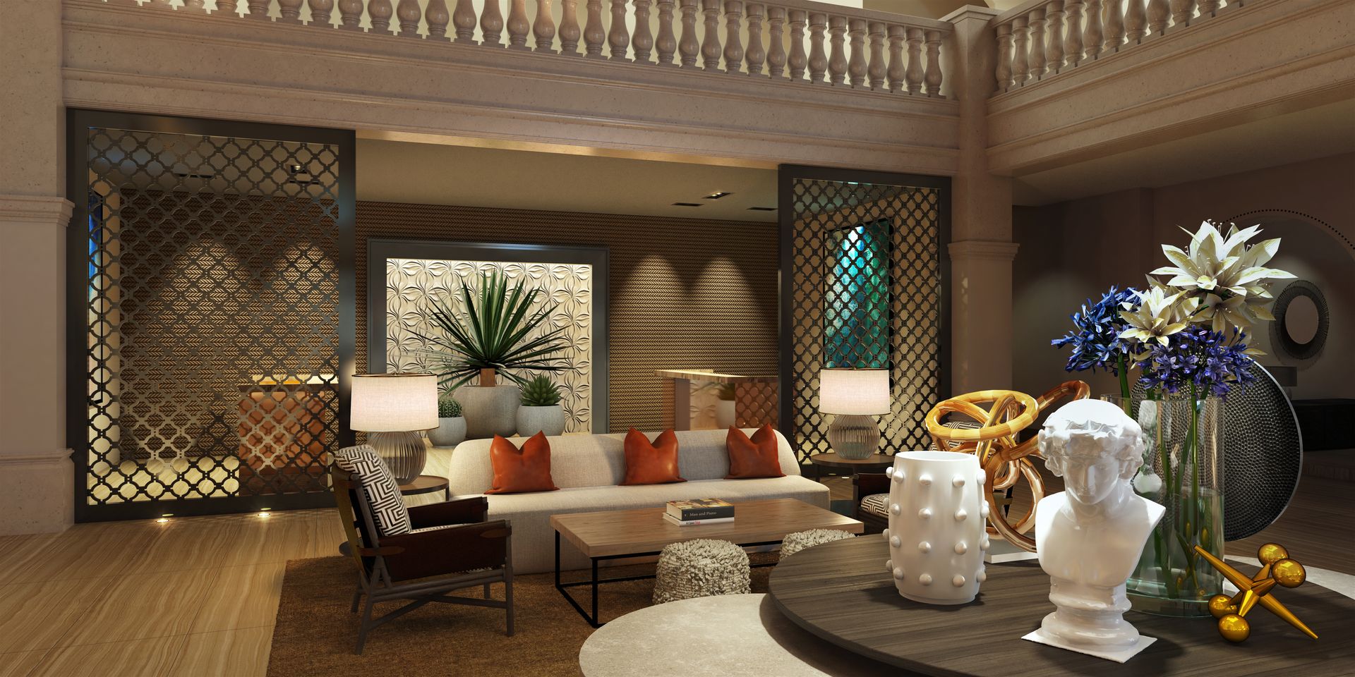 A living room with a couch , table , chairs and vases of flowers.