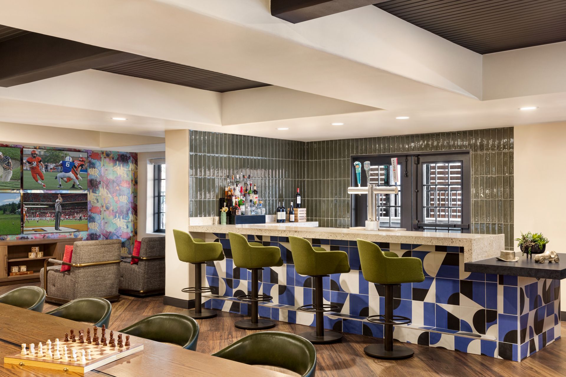 There is a chess board in the middle of the room.