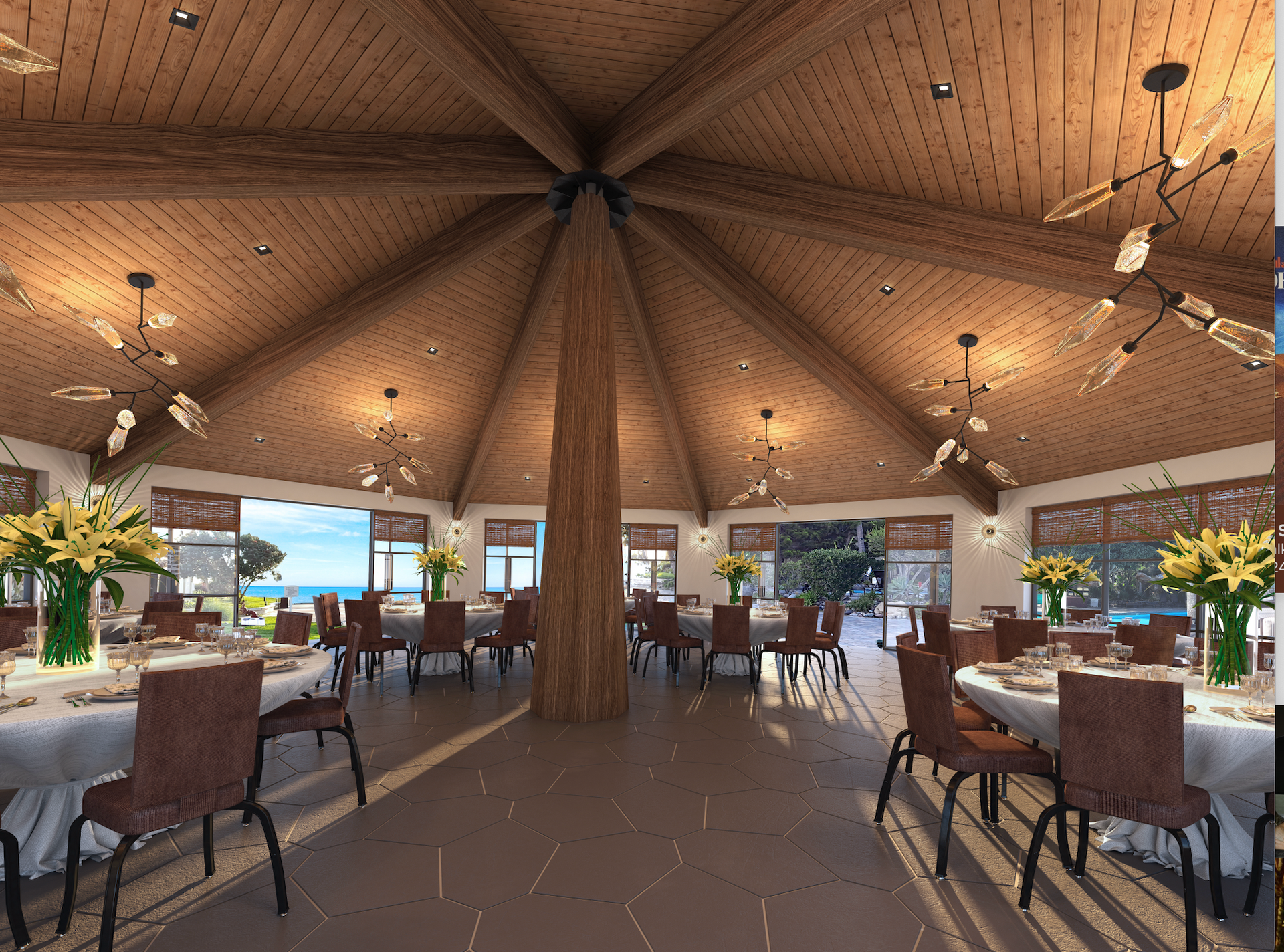 A large room with tables and chairs and a wooden ceiling.