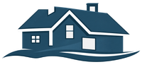 A simple green house icon with white trim, a chimney, and windows, set against a dark green base.