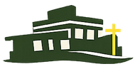 A stylized dark green building graphic with a yellow cross on the right side.