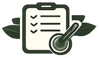 A dark green icon of a clipboard with a checklist and a stylus, set against a background of dark green leaves.