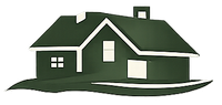 A simple green house icon with white trim, a chimney, and windows, set against a dark green base.