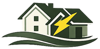 A graphic of a house with a yellow lightning bolt emblem over it, set against stylized green ground waves.