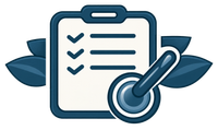 A dark green icon of a clipboard with a checklist and a stylus, set against a background of dark green leaves.
