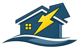 A dark green house silhouette with a yellow lightning bolt at its center, resting on a wavy green base.