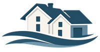 A graphic of a house with a yellow lightning bolt emblem over it, set against stylized green ground waves.