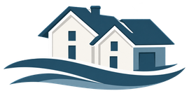 A simplified graphic of a cream-colored house with a dark green roof and a garage, set above two stylized green ground waves.