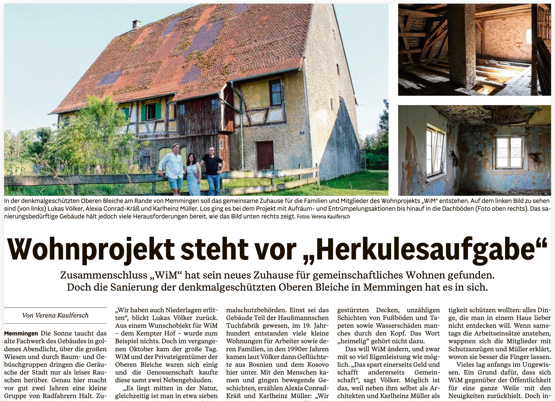 Zeitungsausschnitt über das Wohnprojekt „WiM eG“ mit Fotos eines Hauses und der Innenausstattung