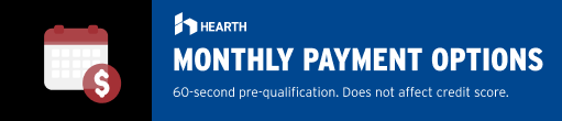 Hearth monthly payment options promotional banner with a calendar icon, offering 60-second pre-qualification.