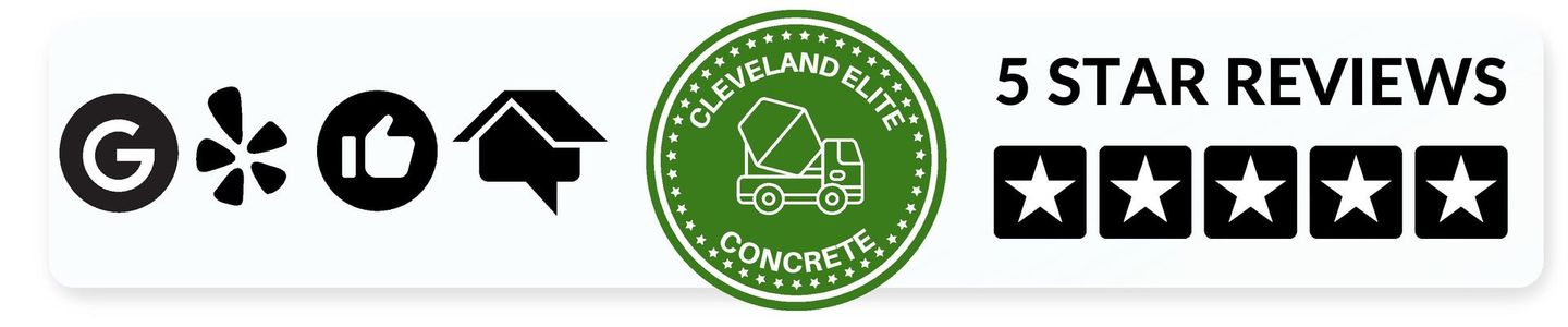 banner with the Cleveland elite concrete logo in the middle, on the left are the logos for google, yelp, facebook, and home advisor, on the right of the logo is 5 stars and the text 5 star reviews