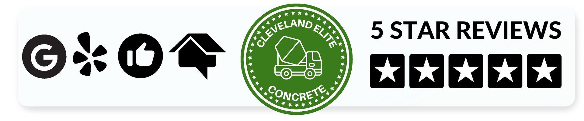 banner with Cleveland elite concrete logo in the center, on the left side image icons for google, yelp, facebook, and homeadvisor, on the right there is text that says 5 star reviews along with 5 star icons