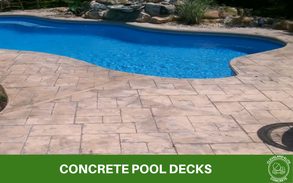 image of a new stamped concrete pool deck with text underneath that says concrete pool decks and the cleveland elite concrete logo
