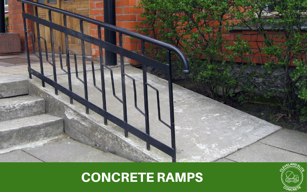 image of a concrete ramp with text underneath that says concrete ramps along with the cleveland elite concrete logo