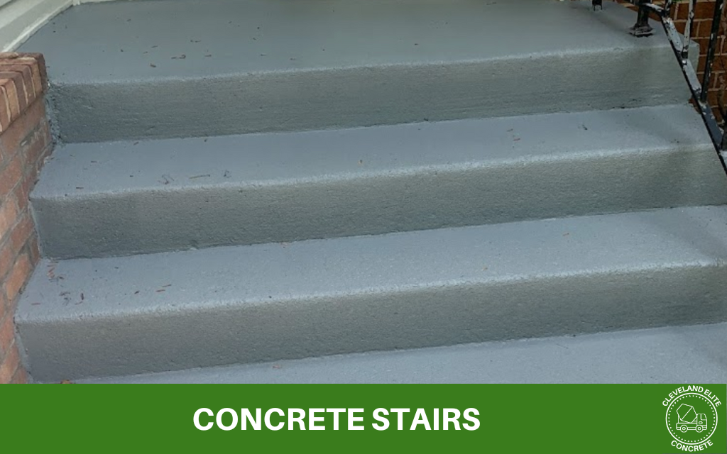 image of new concrete stairs with text underneath that says concrete stairs and the cleveland elite concrete logo