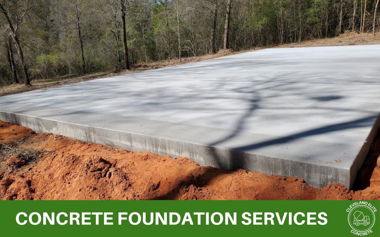 image of a new concrete foundation, with text at the bottom that says concrete foundation services, along with the Cleveland elite concrete logo in the bottom right