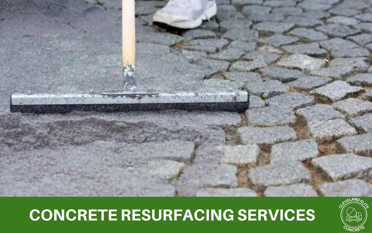image of uneven concrete being resurfaced, along with text on the bottom of the image that says concrete resurfacing services, and the Cleveland elite concrete logo in the bottom right corner