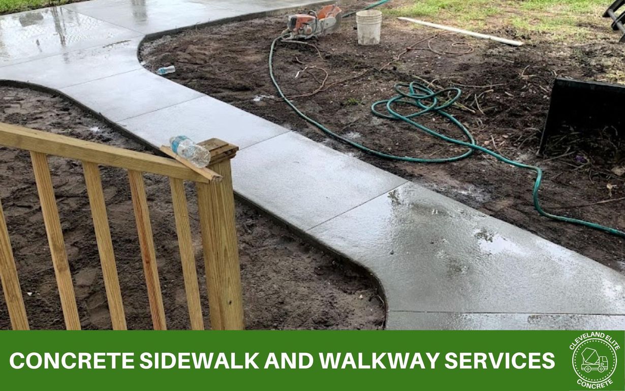 image of a fresh new concrete walkway, along with text at the bottom that says concrete sidewalk and walkway services, along with the Cleveland elite concrete logo in the bottom right corner