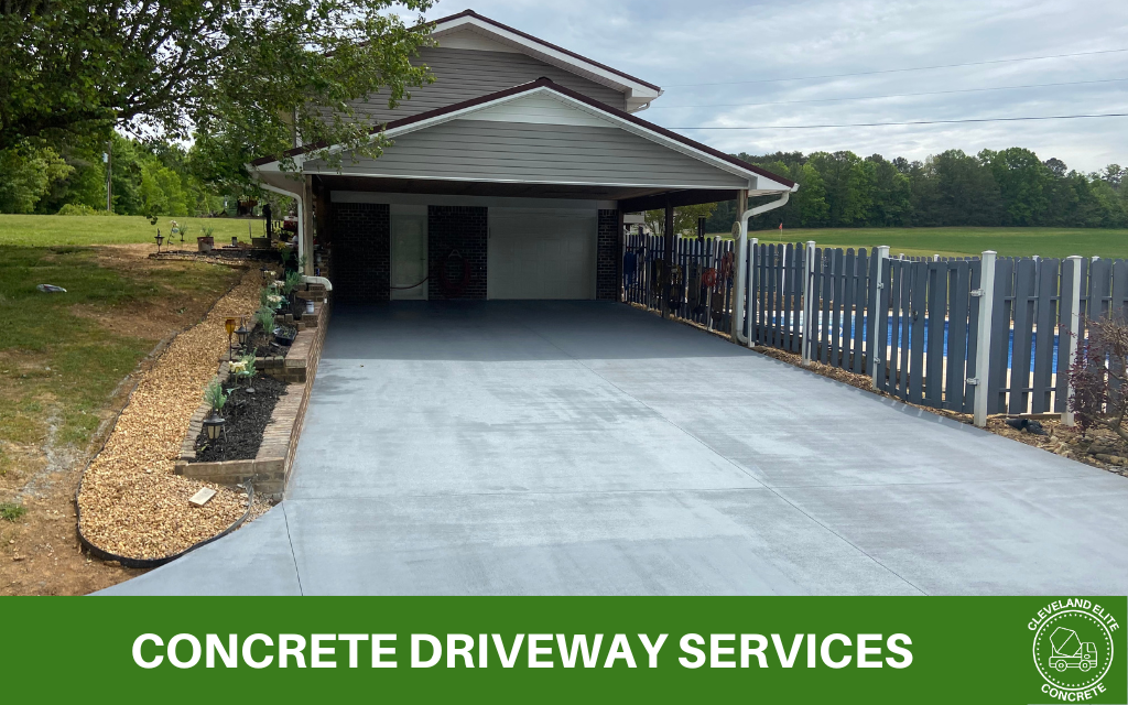 image of a concrete driveway being worked on by a contractor in cleveland, with text underneath that says concrete driveway services, and the cleveland elite concrete logo in the bottom right
