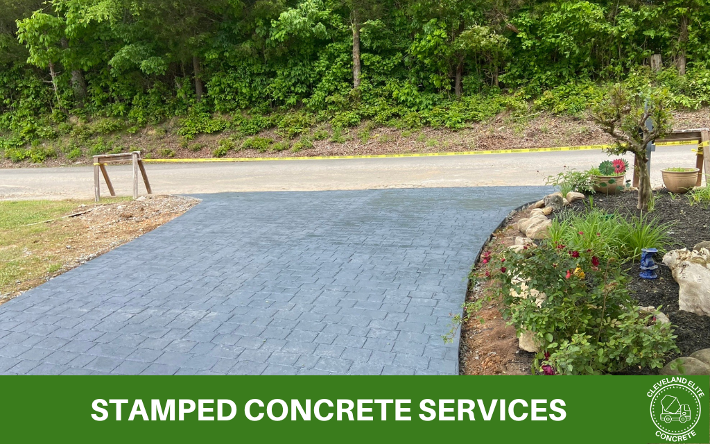 image of a stamped concrete patio, with text underneath that says stamped concrete services, and the Cleveland elite concrete logo in the bottom right