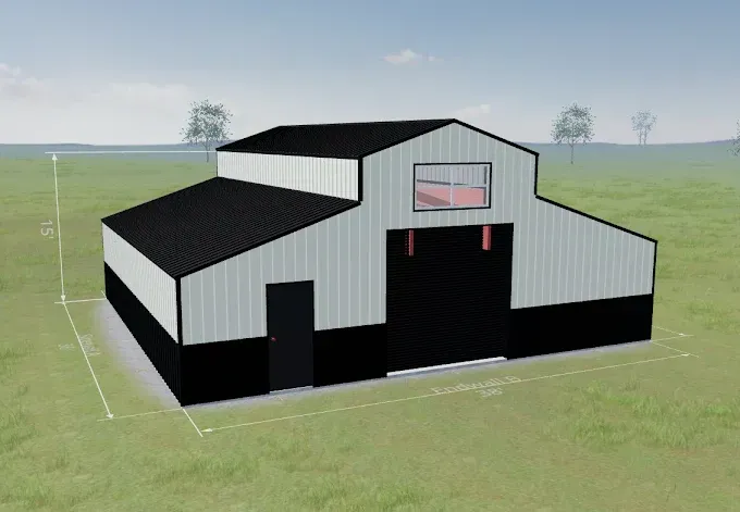 A 3D render of a white and black barn with a center loft, a large roll-up door, a side entry door, and a grass setting.