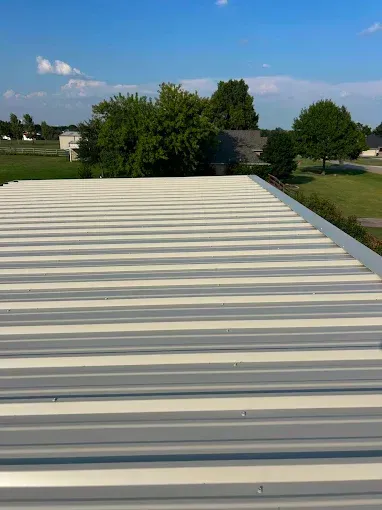 An elevated view of a light-colored, ribbed metal roof extending toward a green landscape under a bright blue sky.