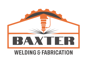 Logo for Baxter Welding & Fabrication featuring an orange gear and cutting torch icon above dark grey text.