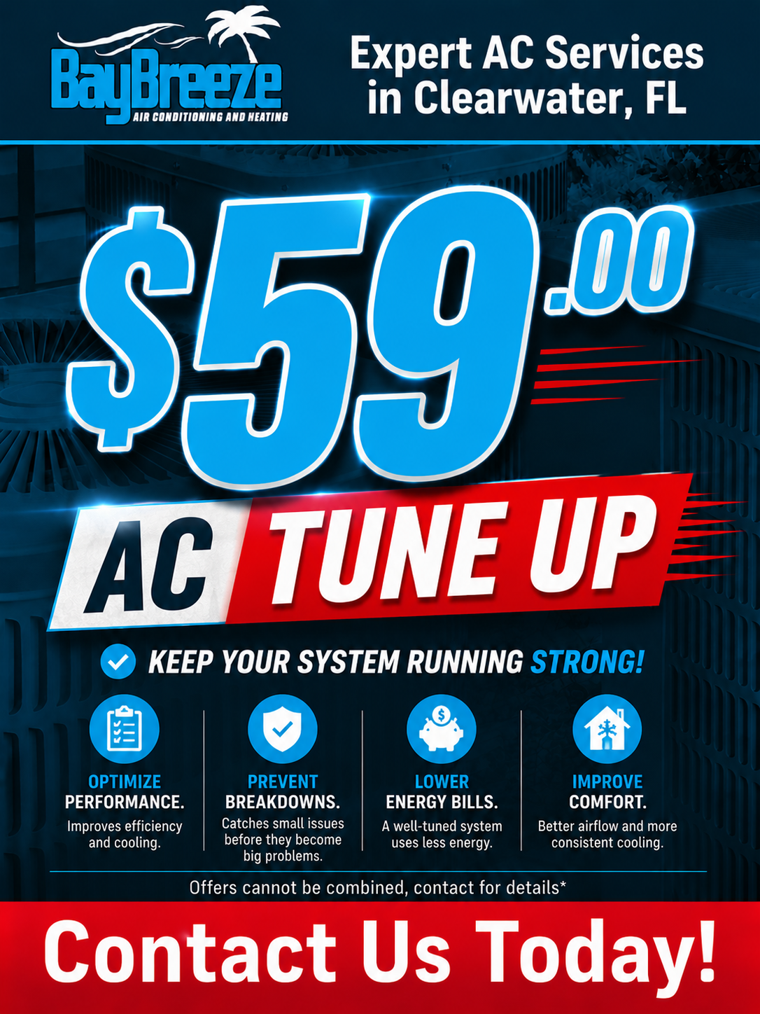 BayBreeze AC Tune Up ad, $59, blue and red, with “Contact Us Today!” call to action