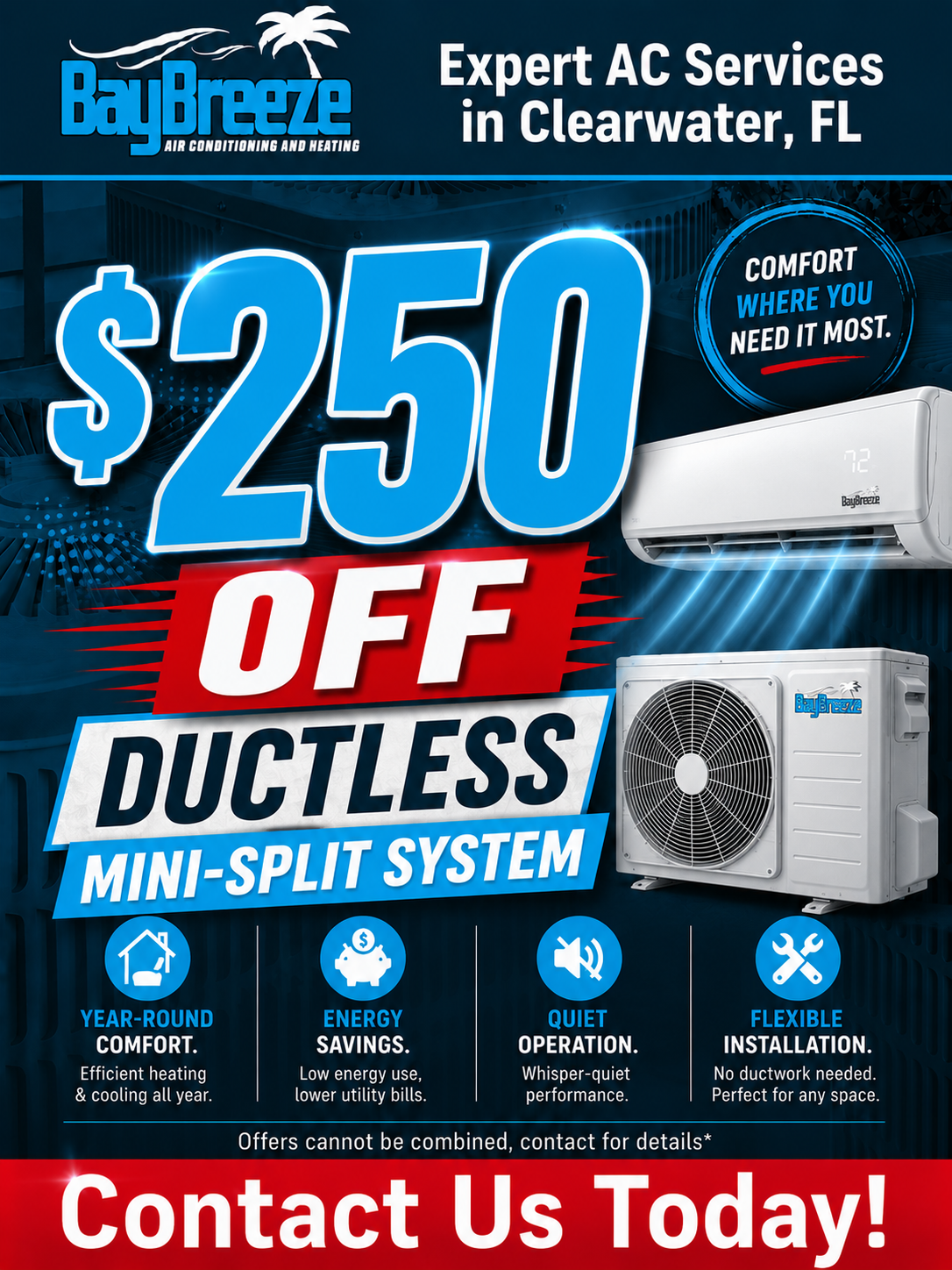 BayBreeze AC ad: $250 off ductless mini-split system in Clearwater, FL, with contact us today button