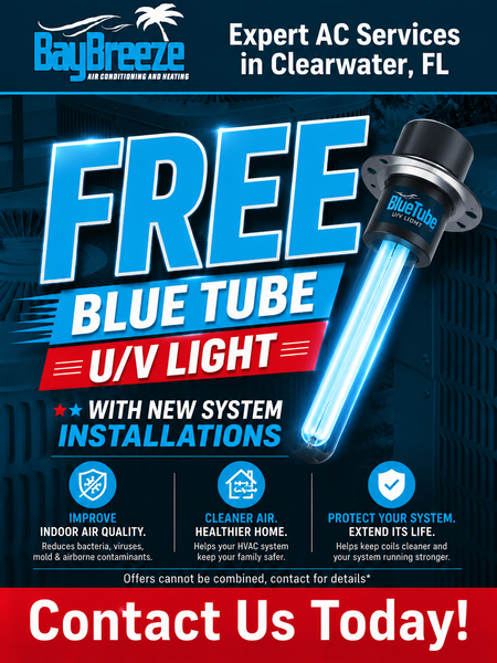 Promotional ad for BayBreeze AC Services in Clearwater, FL, offering free blue tube UV light with new system installations.