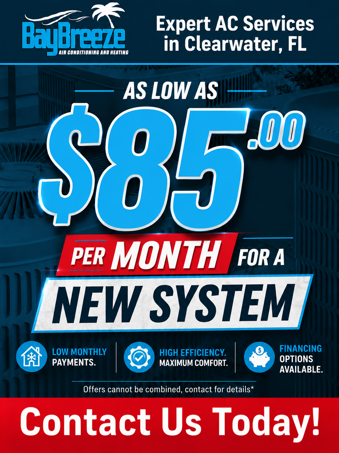 BayBreeze AC ad in blue, promoting new system for $85/month and “Contact Us Today” in Clearwater, FL
