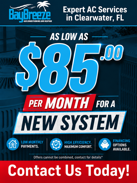 BayBreeze AC ad in blue, promoting new system for $85/month and “Contact Us Today” in Clearwater, FL