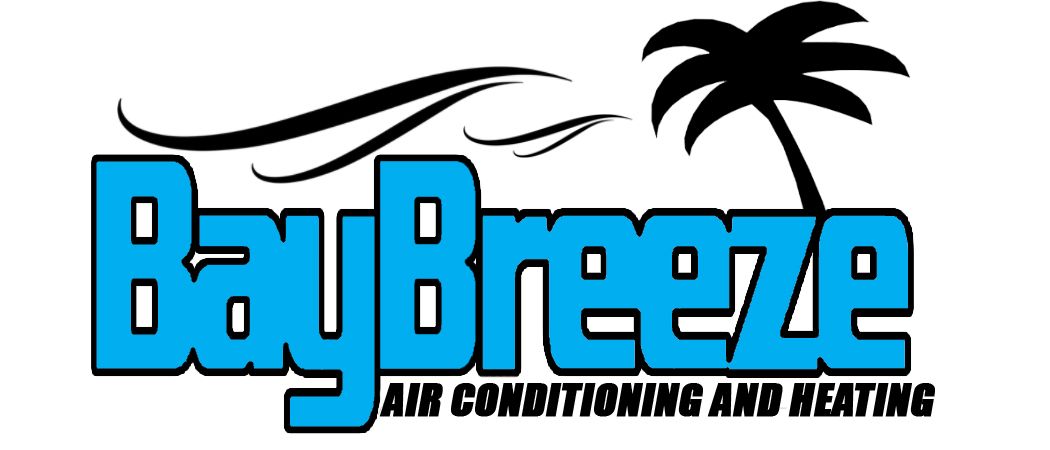 BayBreeze air conditioning and heating logo with blue text, black palm tree and swoosh design