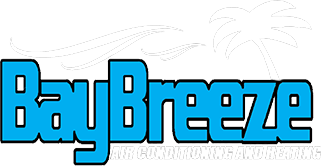 BayBreeze logo in bright blue outlined text with subtle beach-themed wave and palm graphics