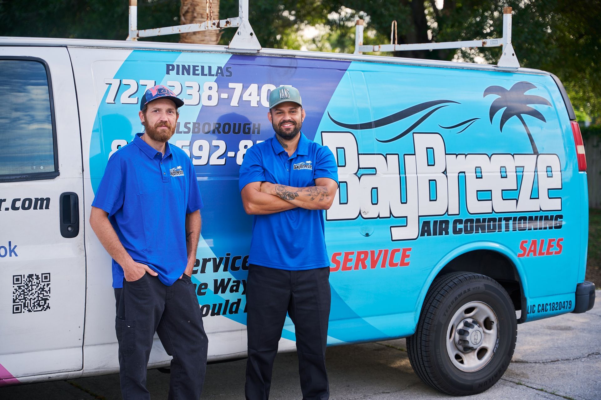 Outdoor HVAC unit with manifold gauges and color-coded refrigerant hoses attached