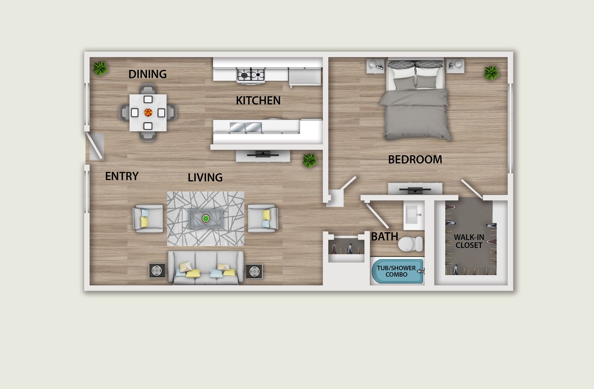 3D floor plan of a small loft apartment with kitchen, dining, living, and bedroom areas