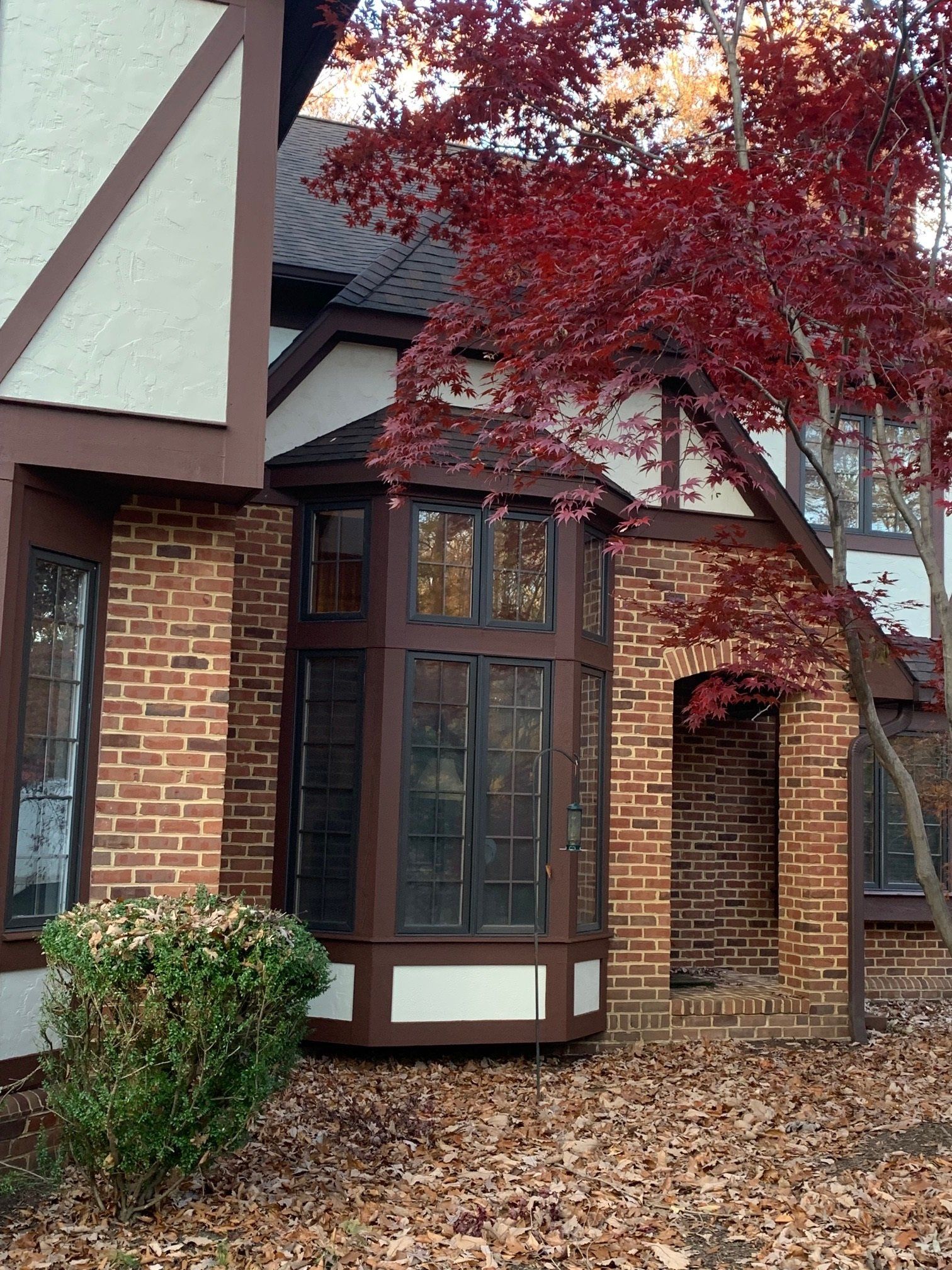 Brick house entry with bay window, red-leaf tree, and fallen autumn leaves