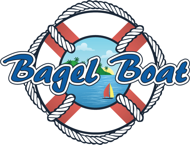 Bagel Boat logo with blue script over a red-and-white life preserver and small sailboat