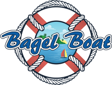 Bagel Boat logo with blue script over a red-and-white life preserver and small sailboat